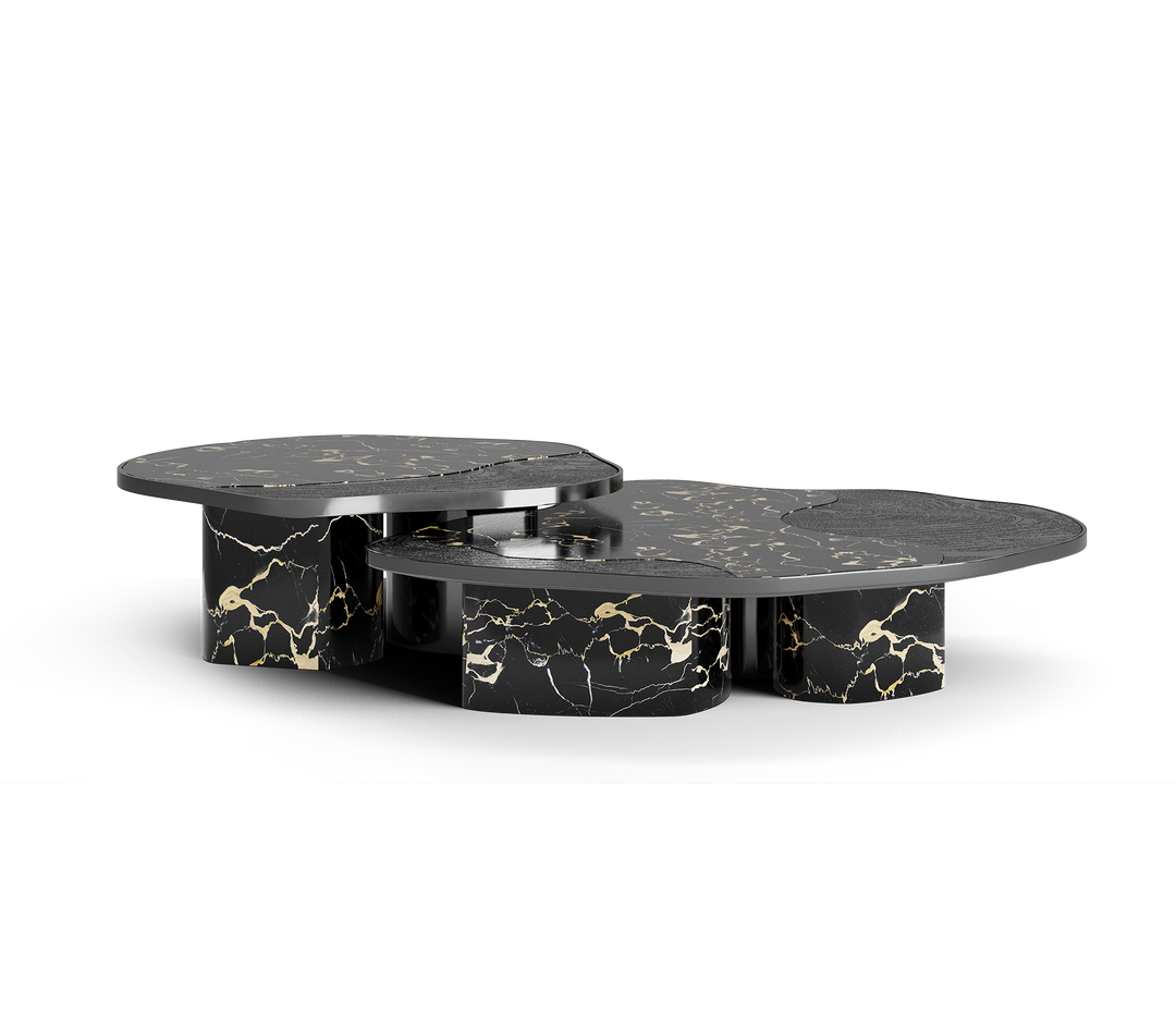 ophelia calacatta marble and gold center table Coffee Tables Boca Do Lobo portoro marble and black