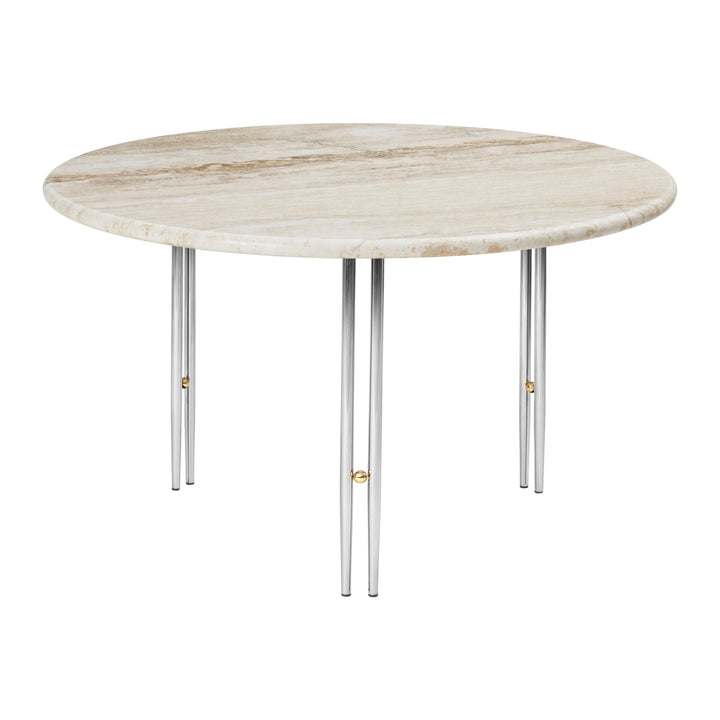 IOI Round Coffee Table Tables Gubi Rippled Beige Travertine Chrome Medium: 27.6 diameter