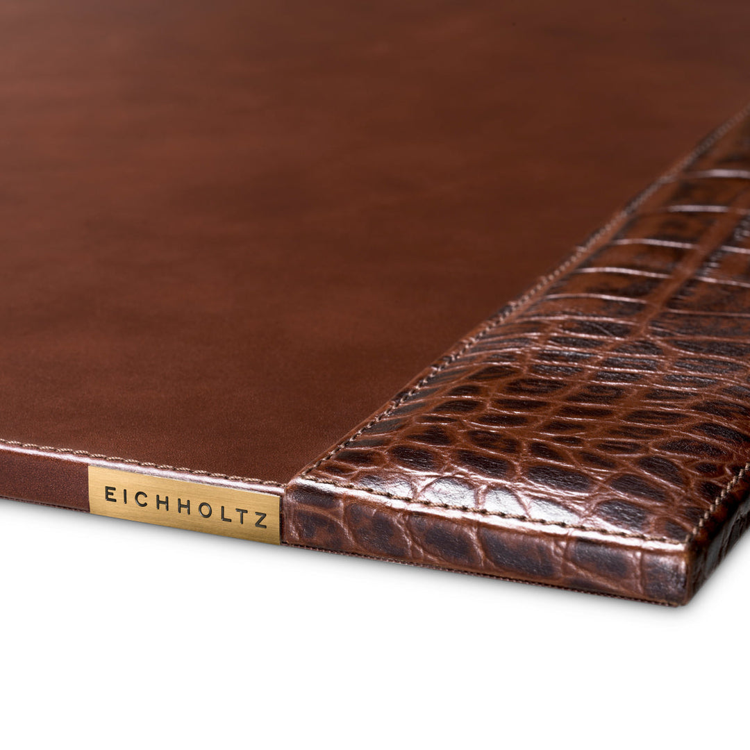 Desk Blotter Scaleo Croco Embossed Antique Brown Leather Accessories Eichholtz