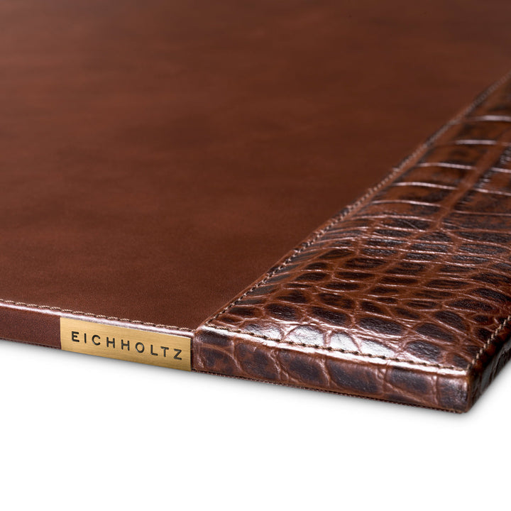 Desk Blotter Scaleo Croco Embossed Antique Brown Leather Accessories Eichholtz