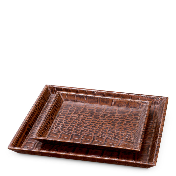 Desk Tray Scaleo Set Of 2 Croco Embossed Antique Brown Leather Accessories Eichholtz