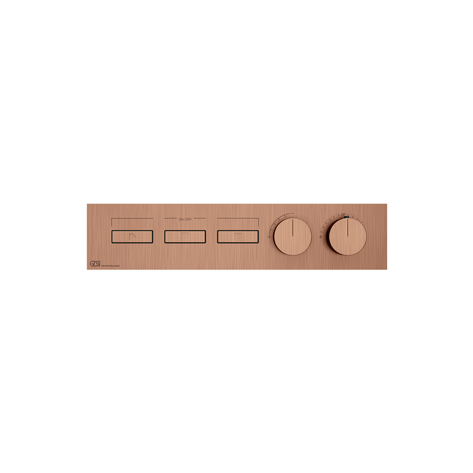 HI-FI Thermostatic Mixer For Three Simultaneous Functions With Push Button On/Off Controls Showers GESSI Copper Brushed PVD