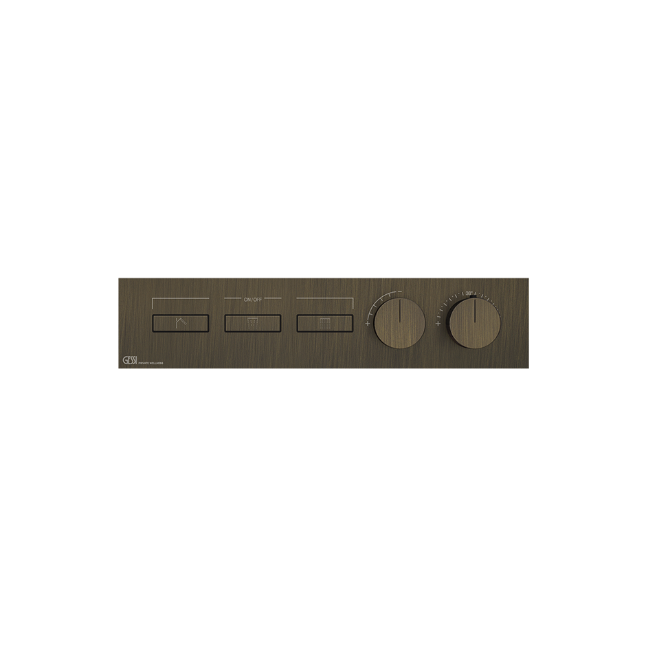 HI-FI Thermostatic Mixer For Three Simultaneous Functions With Push Button On/Off Controls Showers GESSI Antique Brass