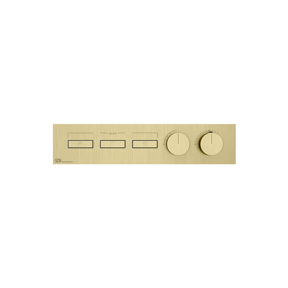 HI-FI Thermostatic Mixer For Three Simultaneous Functions With Push Button On/Off Controls Showers GESSI Brass Brushed PVD