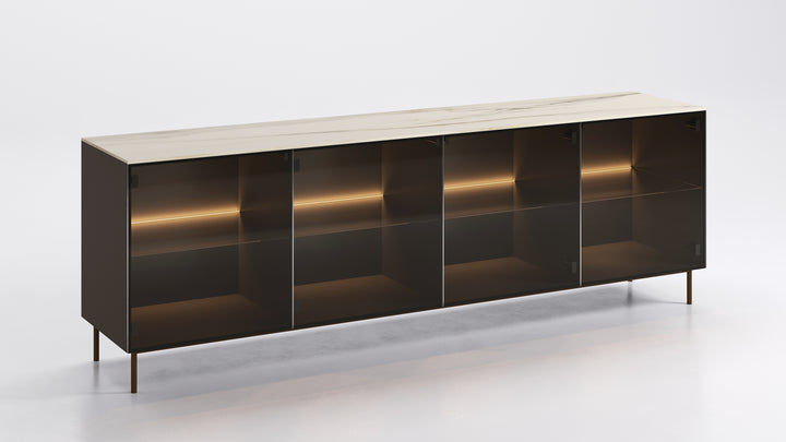 Universal Sideboard Glass Doors Light Golden Statuary Marble Calligaris