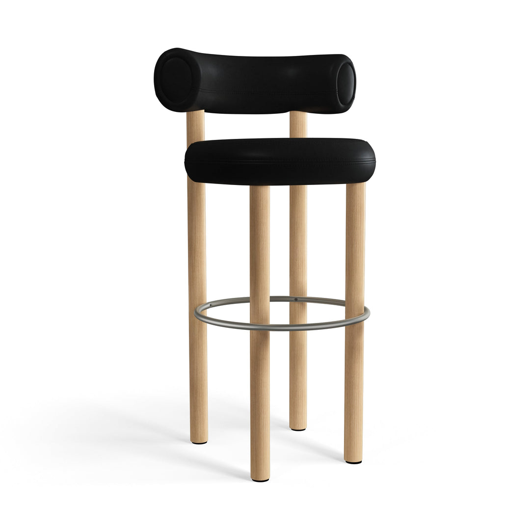Fat Stool Table & Bar Stools Tom Dixon Black Leather Brushed Natural Wood Bar: 29.6 in height