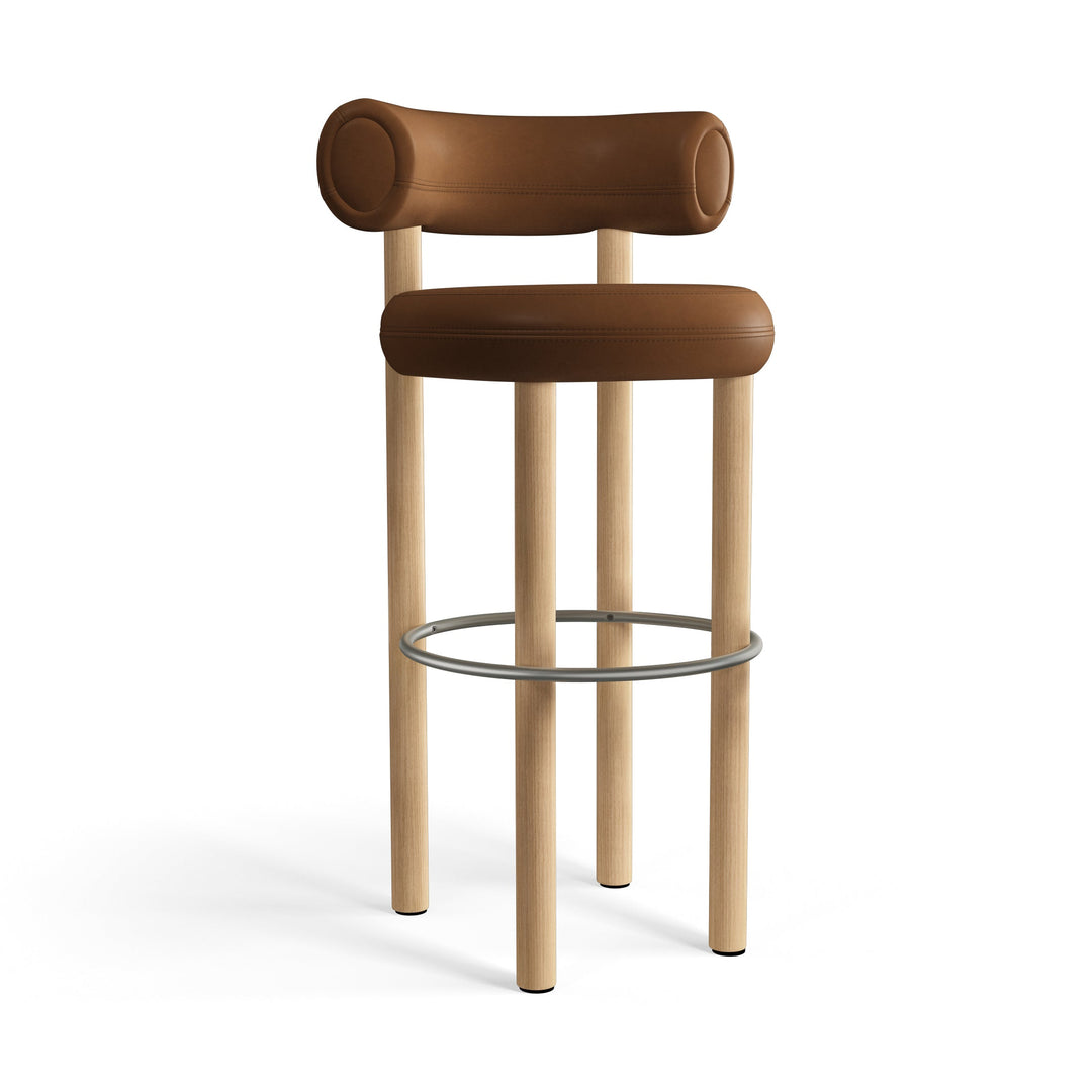Fat Stool Table & Bar Stools Tom Dixon Cognac Leather Brushed Natural Wood Bar: 29.6 in height