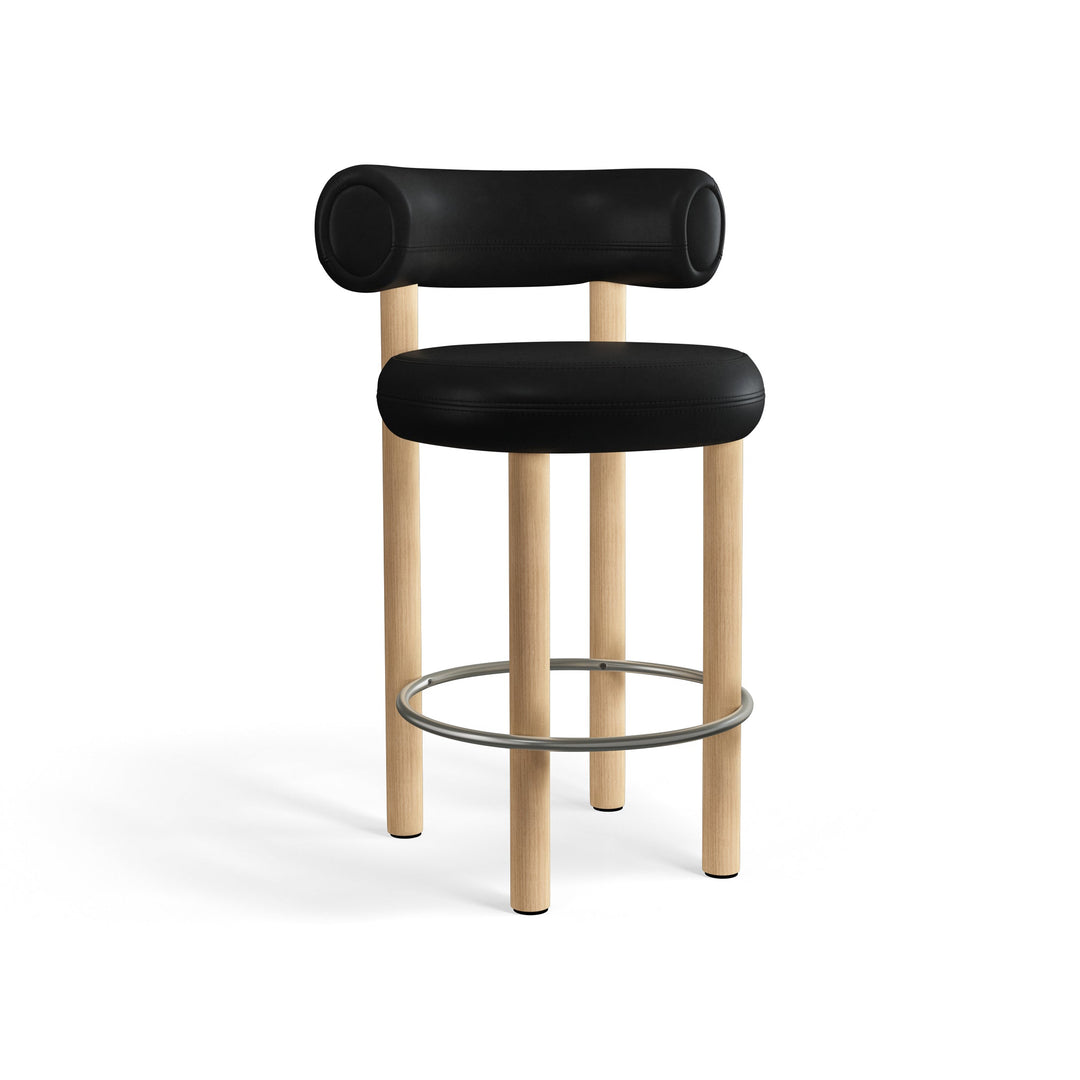 Fat Stool Table & Bar Stools Tom Dixon Black Leather Brushed Natural Wood Counter: 25.6 in height