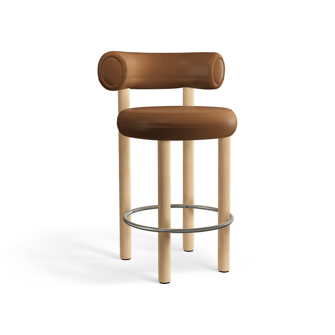 Fat Stool Table & Bar Stools Tom Dixon Cognac Leather Brushed Natural Wood Counter: 25.6 in height