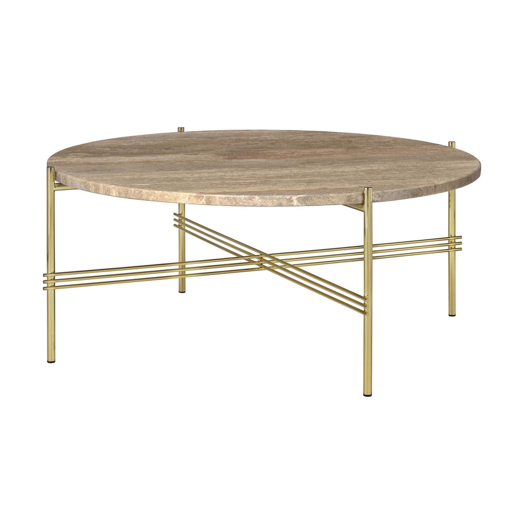 TS Round Coffee Table Tables Gubi Warm Taupe Travertine Brass Medium: 31.5 diameter