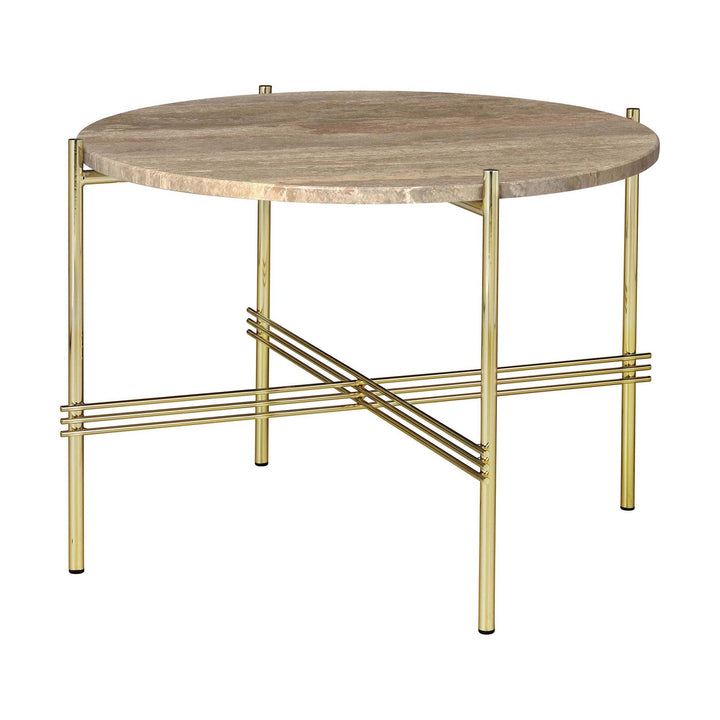 TS Round Coffee Table Tables Gubi Warm Taupe Travertine Brass Small: 21.7 diameter
