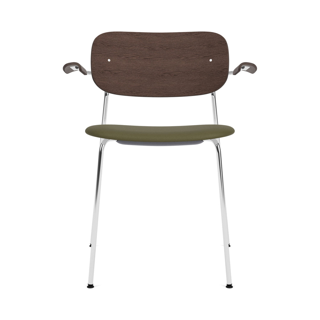 Co Seat Upholstered Dining Chair with Arms Chairs Audo Copenhagen 0441 - Sierra Army Leather / Chrome with Dark Stained Oak Arm and Back