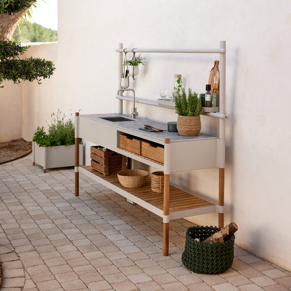 Sticks Outdoor Kitchen with Teak Shelf Outdoor Storage Boxes Cane-line