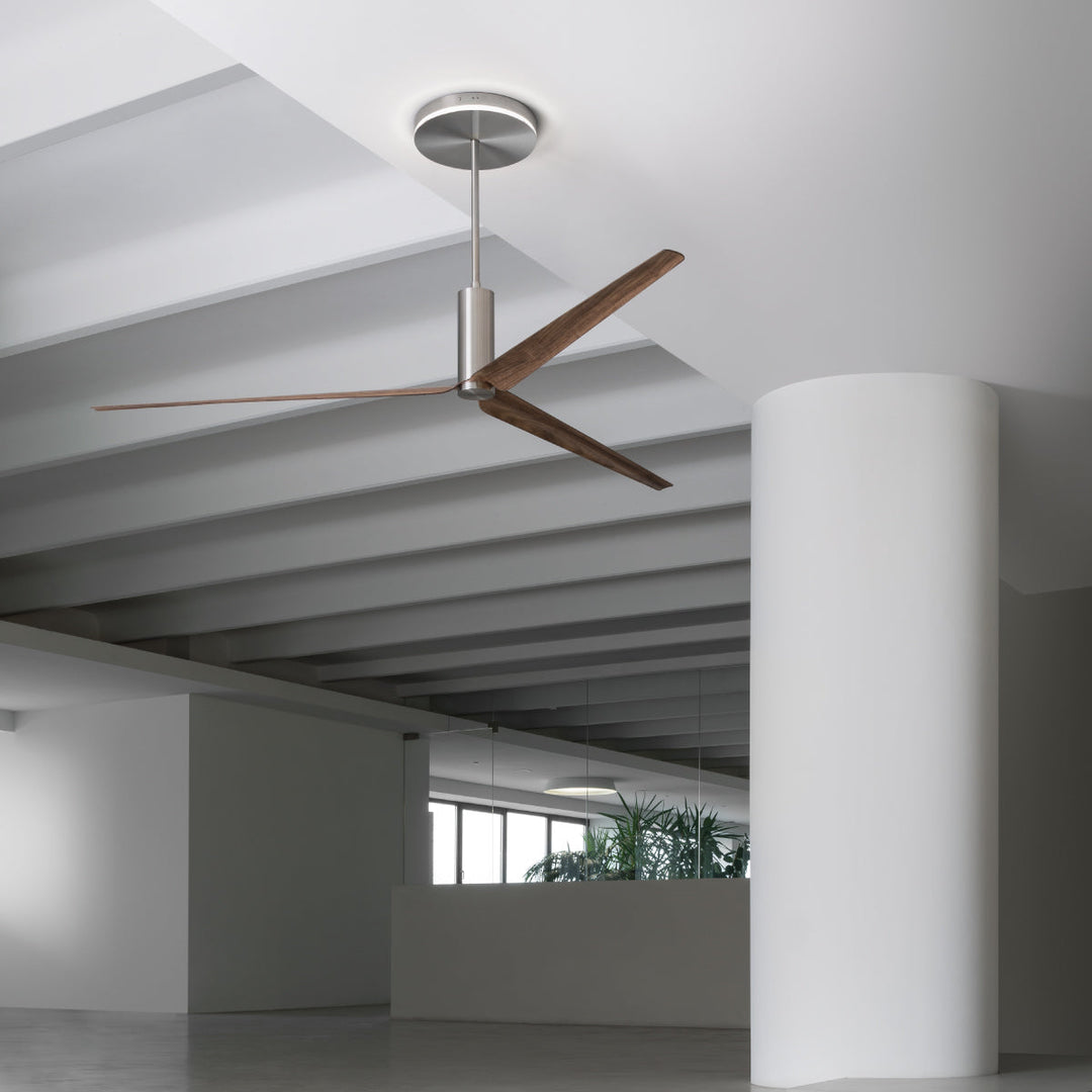 Ariachiara Ceiling fan (Ø 2100 mm) in AISI 316L stainless steel, with wood and carbon fiber blades, natural wood essence or lacquered. Integrated LED lighting, remote control included. Product suitable for indoor installation