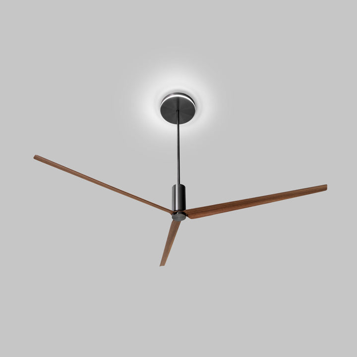 Ariachiara Ceiling fan (Ø 2100 mm) in AISI 316L stainless steel, with wood and carbon fiber blades, natural wood essence or lacquered. Integrated LED lighting, remote control included. Product suitable for indoor installation