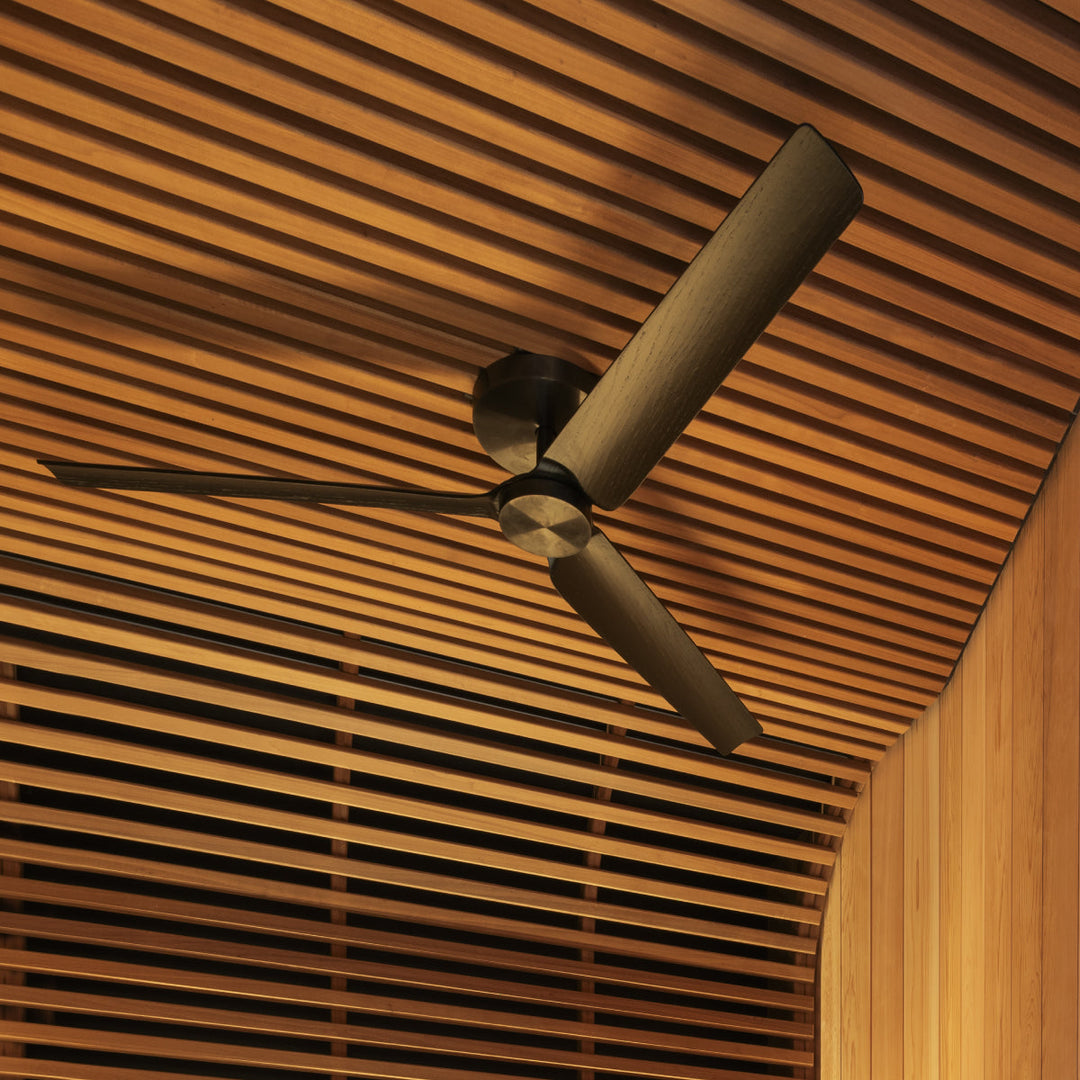 Ariachiara Ceiling fan (Ø 1100 mm) in AISI 316L stainless steel, with wood and carbon fiber blades, natural wood essence or lacquered. Remote control included. Product suitable for sauna installation