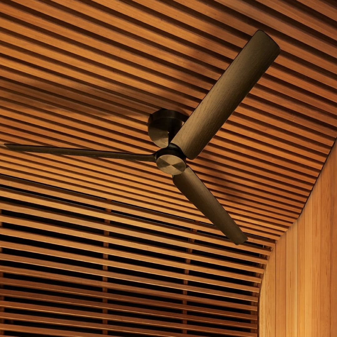 Ariachiara Ceiling fan (Ø 1400 mm) in AISI 316L stainless steel, with wood and carbon fiber blades, natural wood essence or lacquered. Remote control included. Product suitable for sauna installation