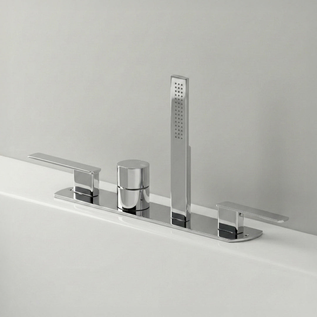 Ayla Rim mounted thermostatic mixer set with 2 shut-off valves and cylindrical retractable hand shower Ø 18 mm