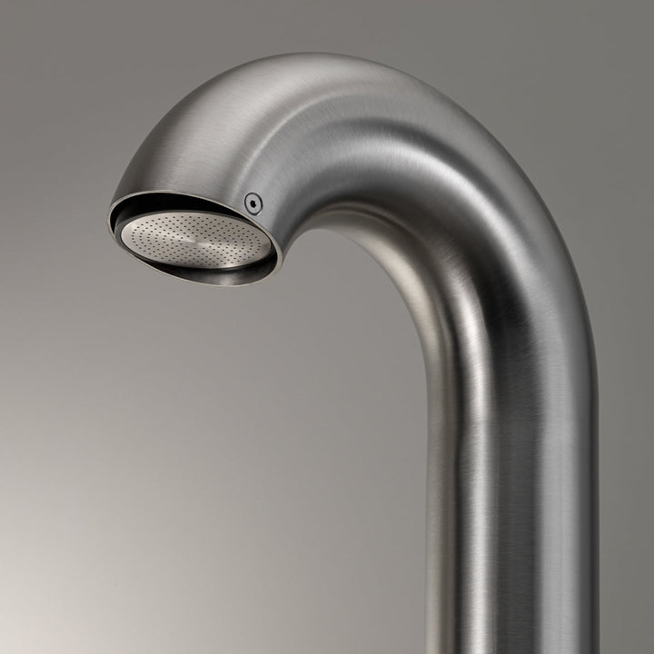 Bold Free-standing outdoor shower in AISI 316L stainless steel. Aerated rain jet controlled by progressive mixer of CROSS collection in Black Diamond matt finish