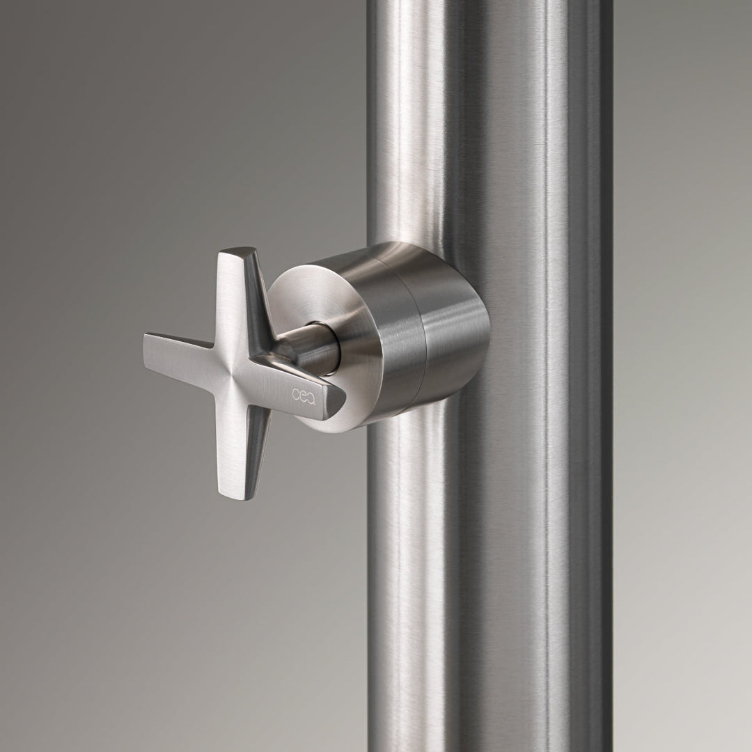 Bold Free-standing outdoor shower in AISI 316L stainless steel. Aerated rain jet controlled by progressive mixer of CROSS collection