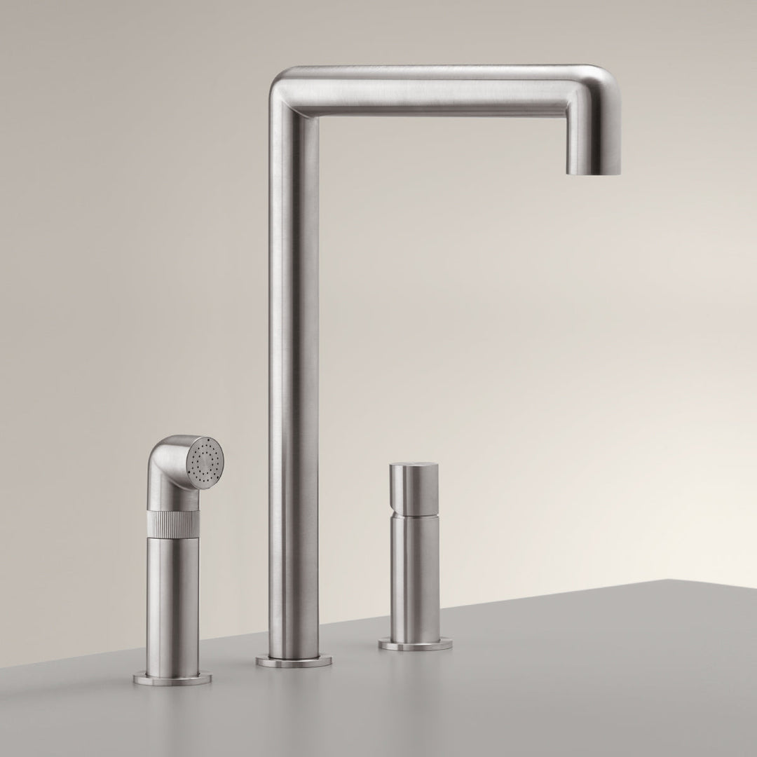 Three Hole Mixers With Pull Out Hand Shower Three-hole mixer with swivelling spout and pull-out hand shower with automatic undertop diverter