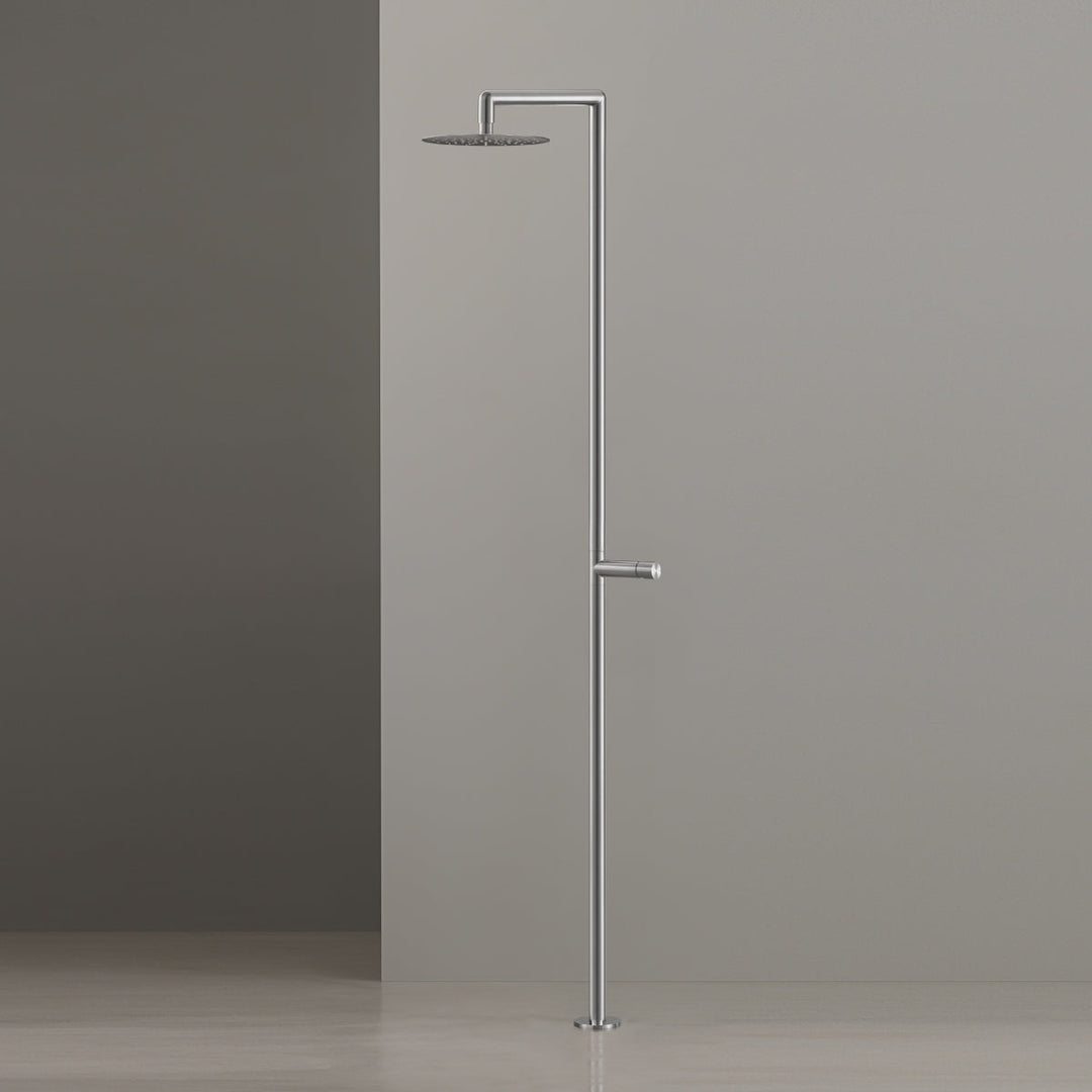 Cartesio Free-standing outdoor shower in AISI 316L stainless steel controlled by mixer of CARTESIO collection. Round adjustable shower head with transparent silicone nozzles and pressure regulator