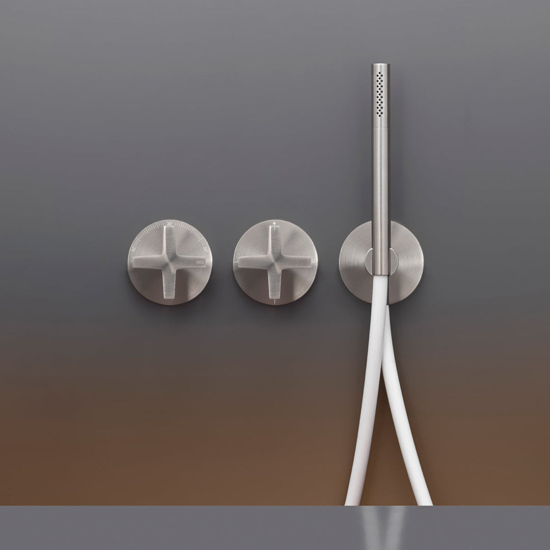 Cross Wall mounted thermostatic mixer set for bathtub/shower with Acqua Stop System, 2/3 way diverter and cylindrical hand shower Ø 18 mm