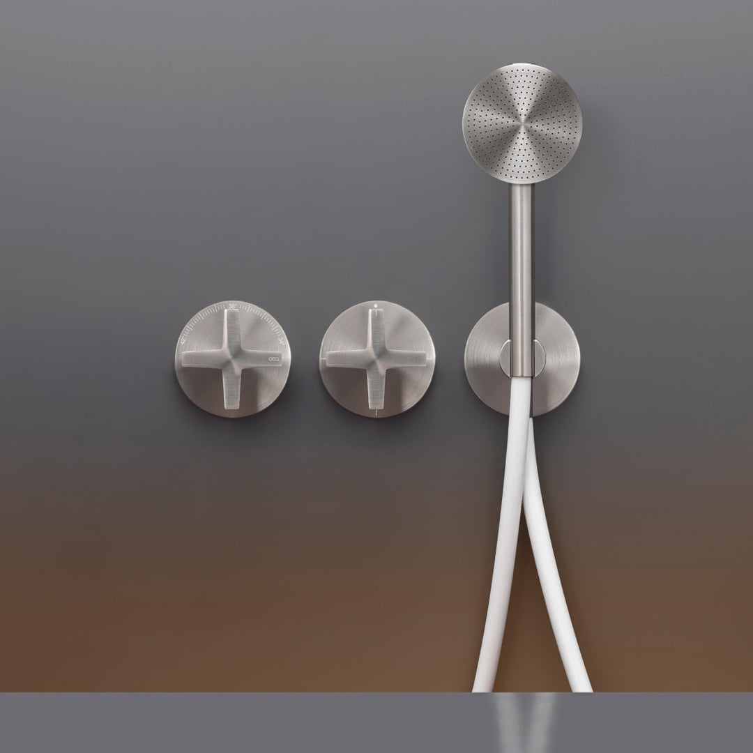 Cross Wall mounted thermostatic mixer set for bathtub/shower with Acqua Stop System, 2/3 way diverter and round hand shower Ø 80 mm