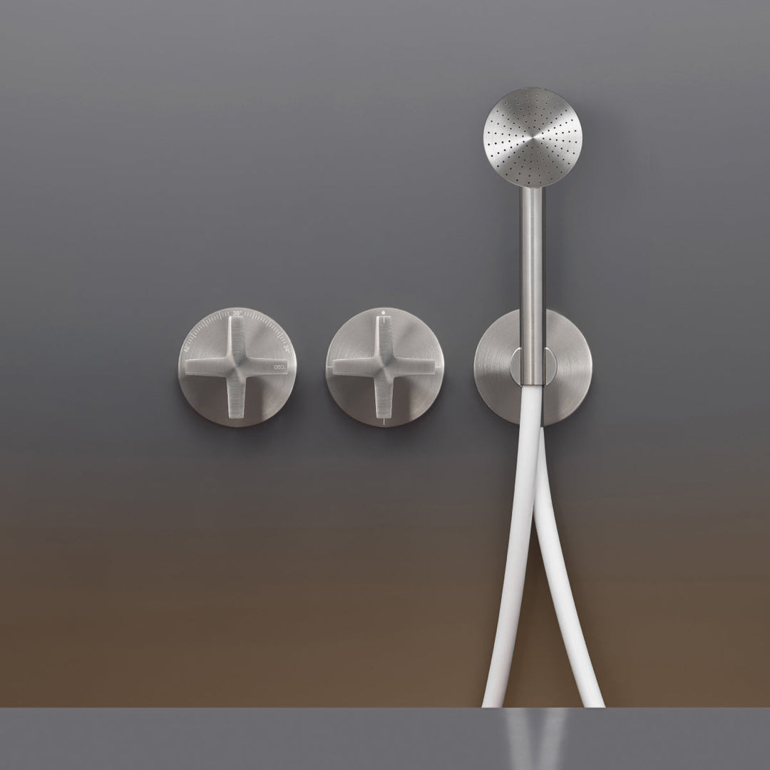 Cross Wall mounted thermostatic mixer set for bathtub/shower with Acqua Stop System, 2/3 way diverter and round hand shower Ø 65 mm