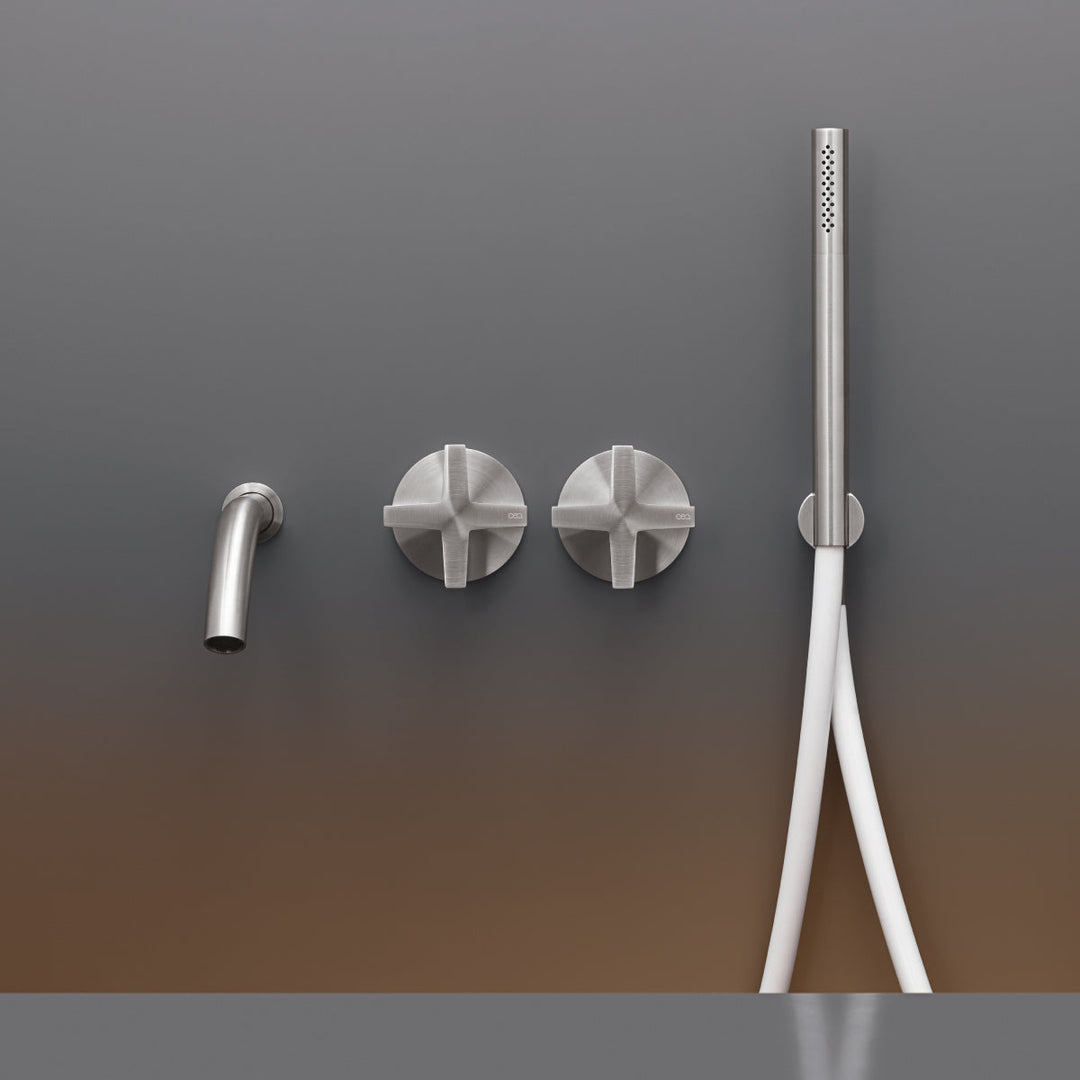 Cross Wall mounted 2 progressive mixers set for bathtub with spout L. 170 mm and cylindrical hand shower Ø 18 mm