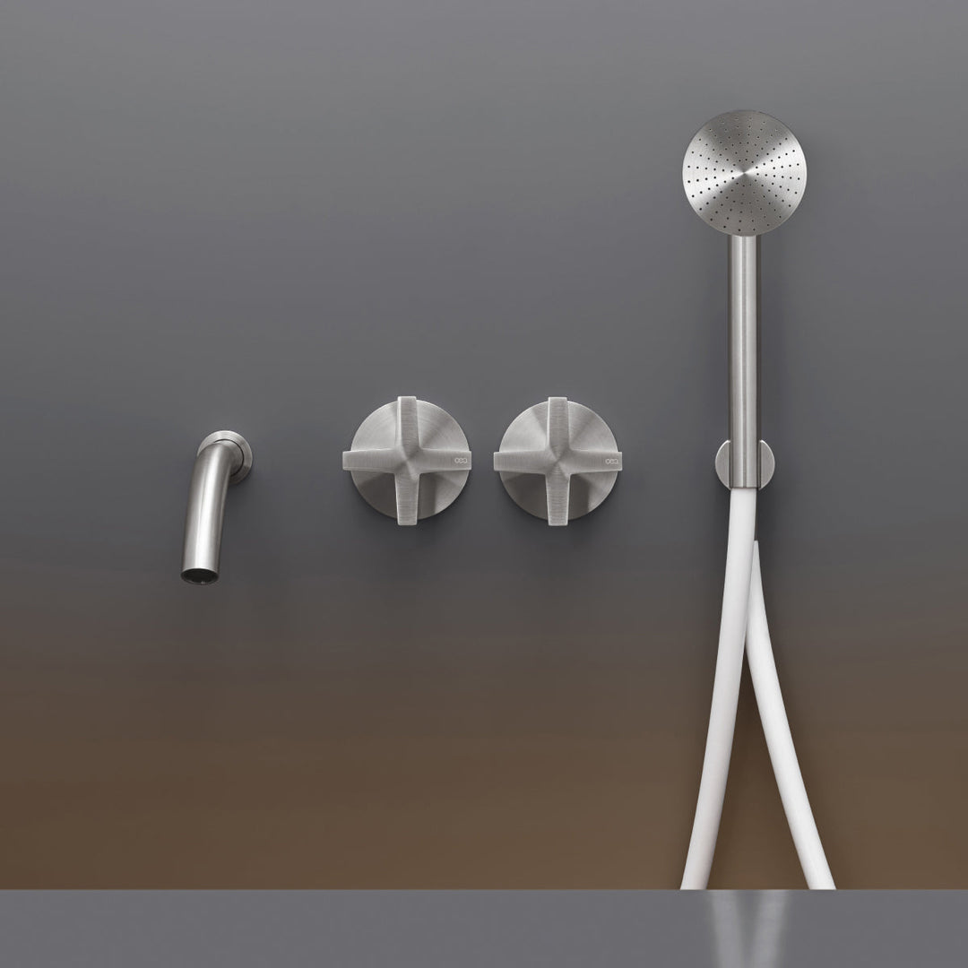 Cross Wall mounted 2 progressive mixers set for bathtub with spout L. 170 mm and round hand shower Ø 65 mm