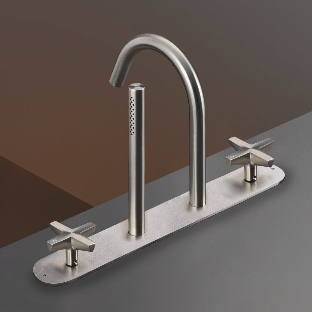 Cross Rim mounted set of 2 progressive mixers with spout H. 190 mm and retractable cylindrical hand shower Ø 18 mm