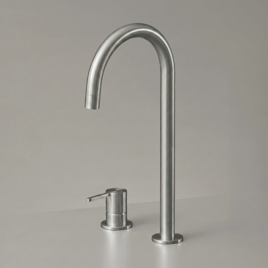 Two Hole Taps For Filtered Water Two-hole tap for filtered still, chilled still/sparkling water, with swiveling spout H. 330 mm. Water microfiltration system with cooling not included