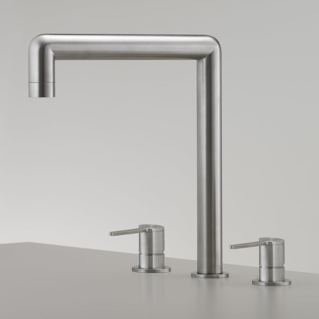 Three Hole Taps For Filtered Water Three-hole tap for filtered still, chilled still/sparkling water, and mixer with swiveling spout H. 285 mm. Water microfiltration system with cooling not included
