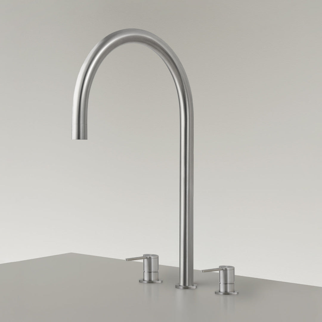 Three Hole Taps For Filtered Water Three-hole tap for filtered still, chilled still/sparkling water, and mixer with swiveling spout H. 475 mm. Water microfiltration system with cooling not included
