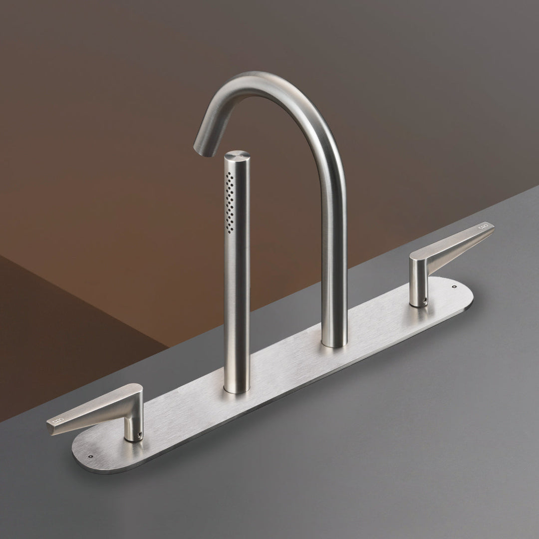 Flag Rim mounted set of 2 progressive mixers with spout H. 190 mm and retractable cylindrical hand shower Ø 18 mm