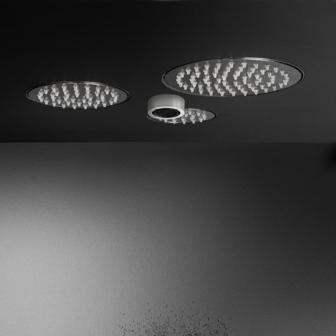 Wellness Built-in shower head set composed of rain jets with transparent silicon nozzles, pure free flow jet and LED chromotherapy