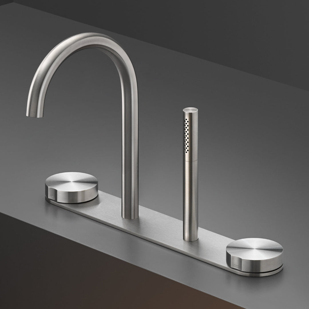Giotto Rim mounted set of 2 progressive mixers with spout H. 245 mm and retractable cylindrical hand shower Ø 18 mm