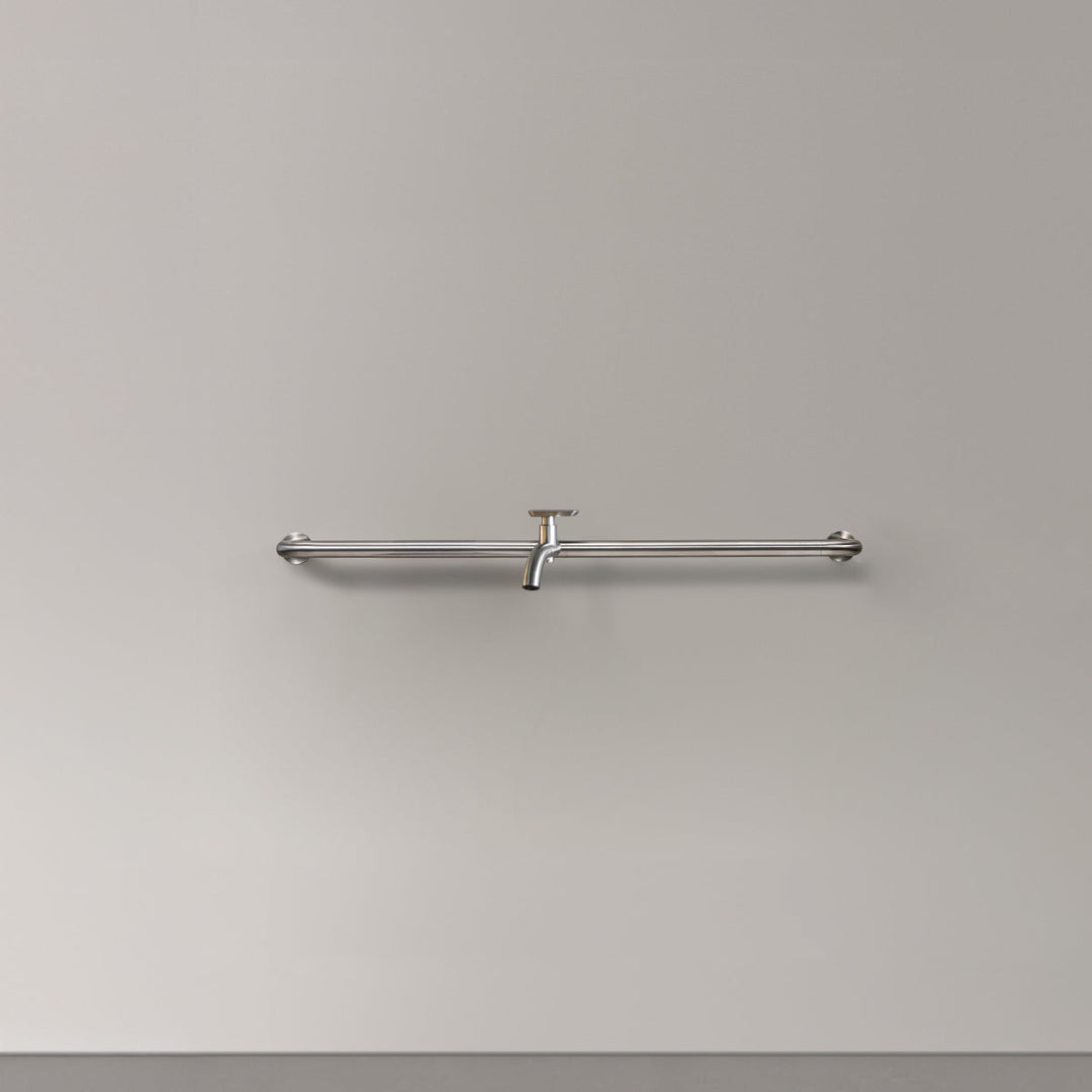 Hook Wall mounted tubular tap system (L. 1070 mm), in AISI 316L stainless steel for outdoor use, with 2-way diverter complete with spout and garden hose connection