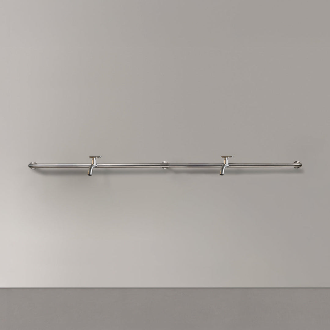 Hook Wall mounted tubular tap system (L. 2145 mm), in AISI 316L stainless steel for outdoor use, with 2 mixers complete with spouts