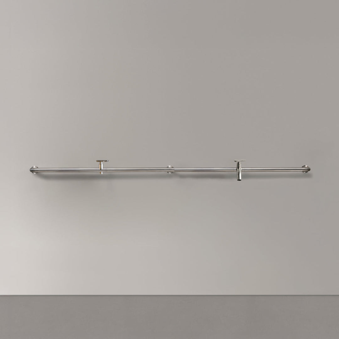 Hook Wall mounted tubular tap system (L. 2145 mm), in AISI 316L stainless steel for outdoor use, with 2 mixers complete with spout and garden rubber connection