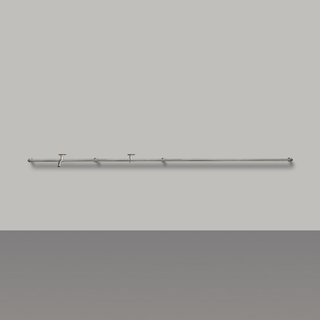 Hook Wall mounted tubular tap system (L. 3620 mm), in AISI 316L stainless steel for outdoor use, with 2 mixers complete with spout and garden rubber connection