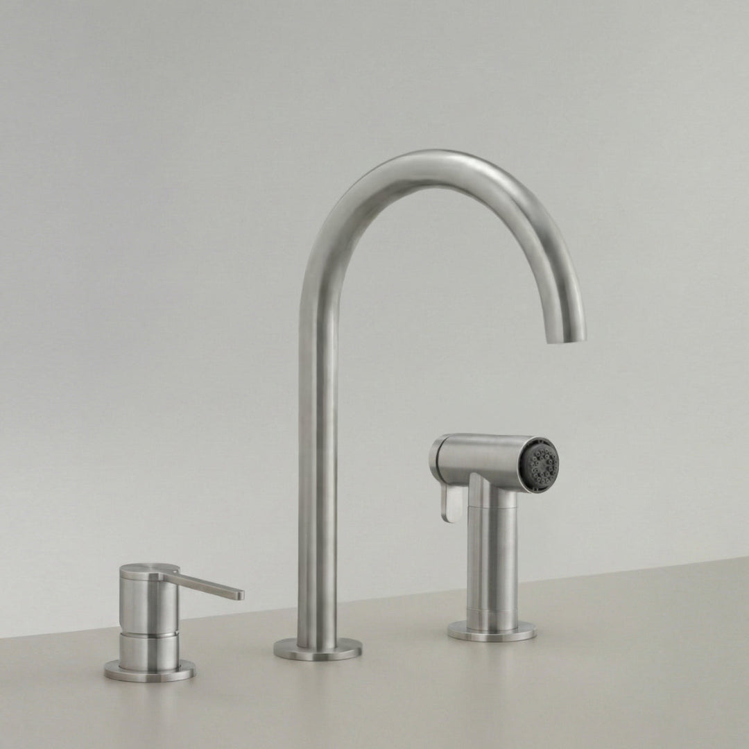 Three Hole Mixers With Pull Out Hand Shower Three-hole mixer with swivelling spout H. 245 mm and pull-out hand shower with automatic undertop diverter