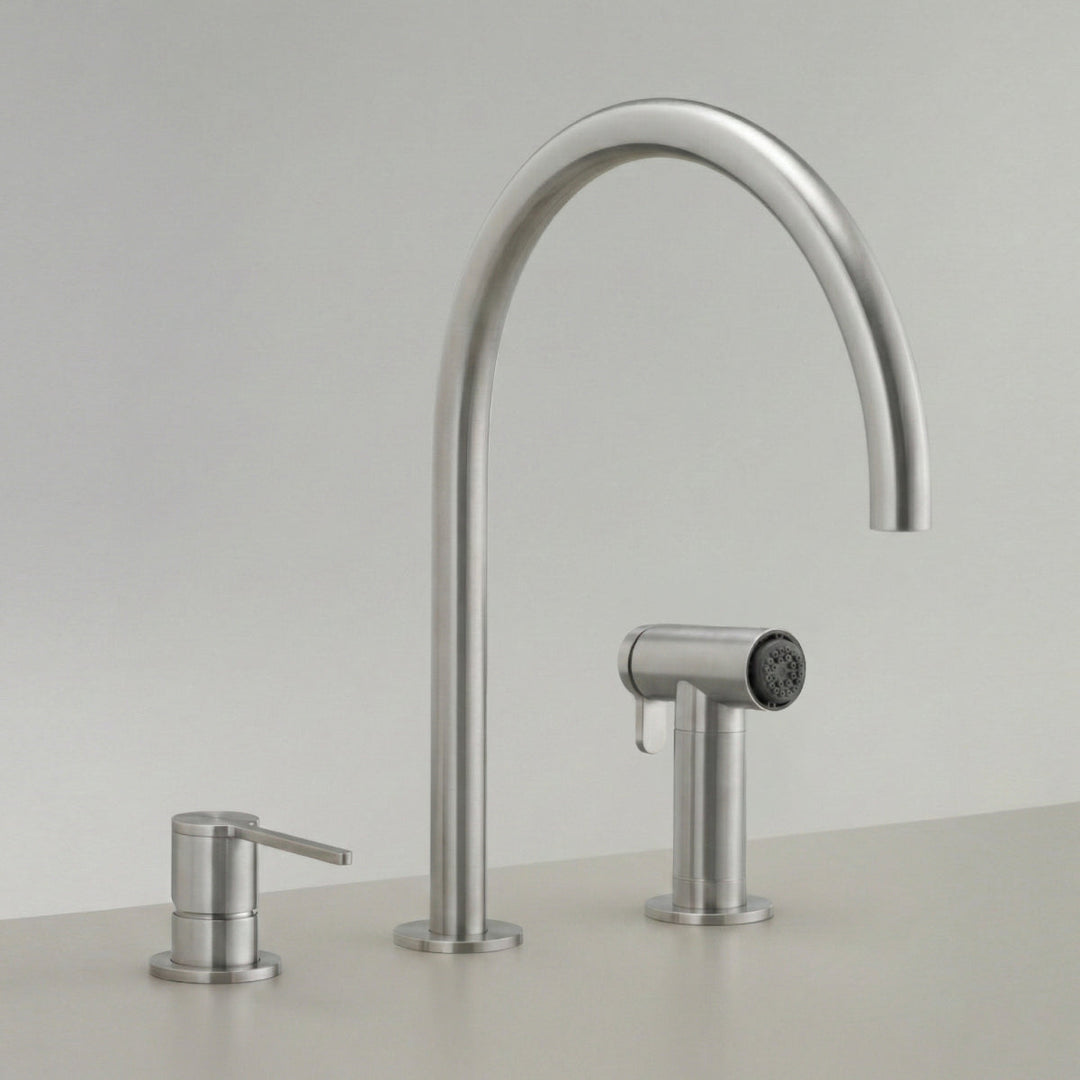 Three Hole Mixers With Pull Out Hand Shower Three-hole mixer with swivelling spout H. 360 mm and pull-out hand shower with automatic undertop diverter