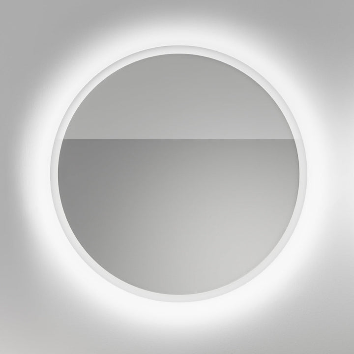 Mirrors Extra clear mirror Ø 800 mm thickness 4 mm, polished edge, sandblasted back edge 20 mm with front lighting, stainless steel fixing structure. Complete with 3000K light LED and transformer 24V