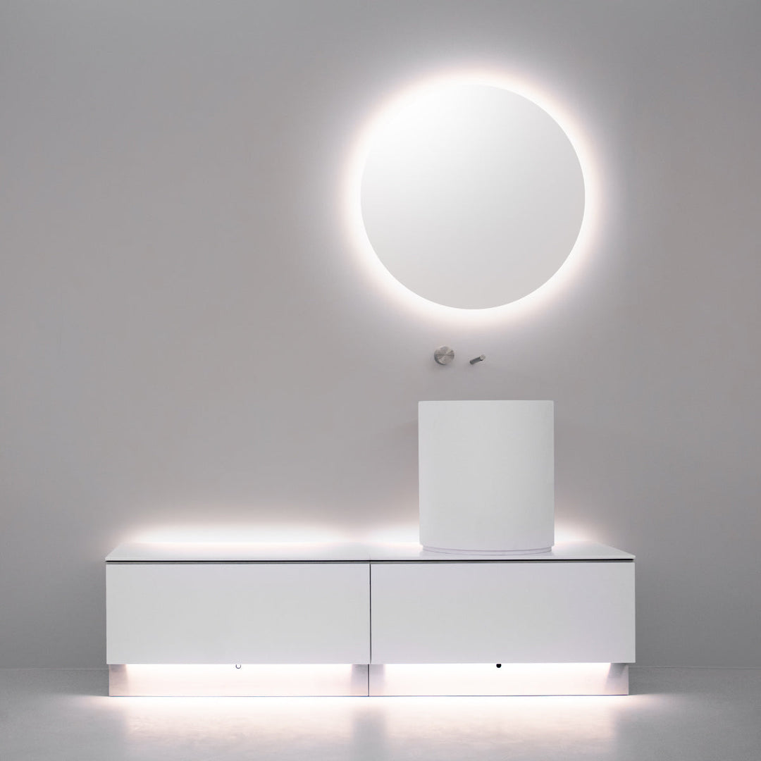 Mirrors Extra clear mirror Ø 800 mm thickness 4 mm, polished edge, sandblasted back edge 20 mm with front lighting, stainless steel fixing structure. Complete with 3000K light LED and transformer 24V