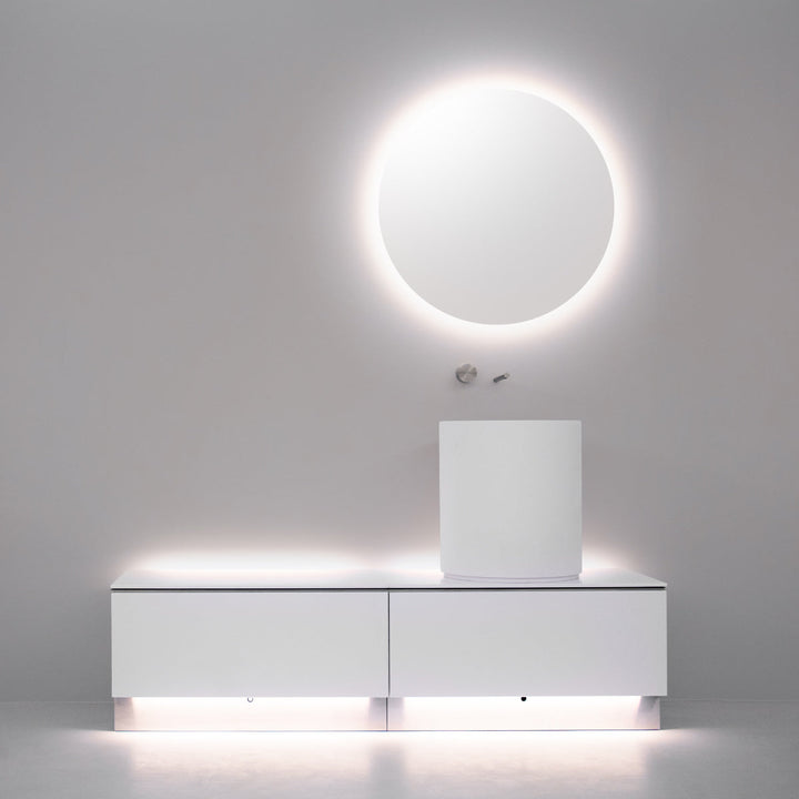 Mirrors Extra clear mirror Ø 800 mm thickness 4 mm, polished edge, sandblasted back edge 20 mm with front lighting, stainless steel fixing structure. Complete with 3000K light LED and transformer 24V