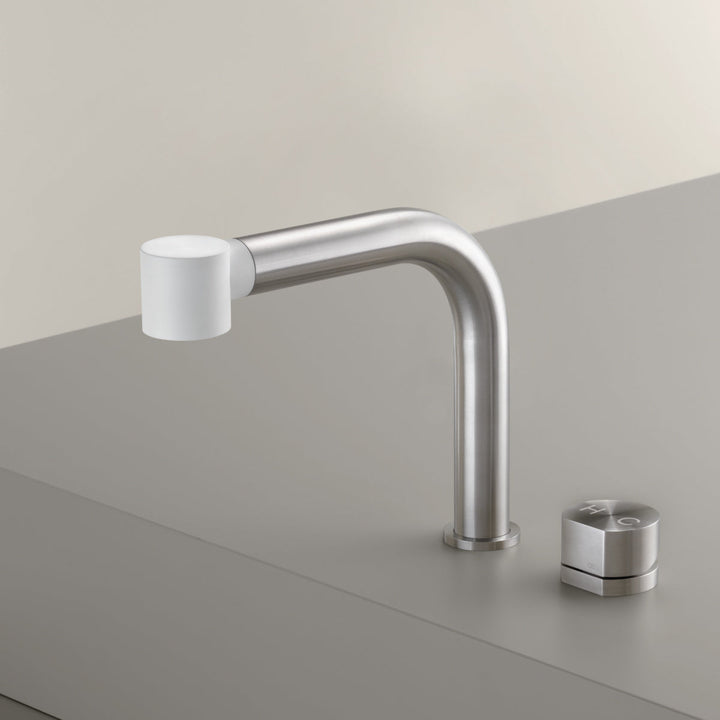 Two Hole Mixers With Pull Out Hand Shower Two-hole mixer with swivelling spout and pull-out Delrin® hand shower. Removable spout for under-window installation