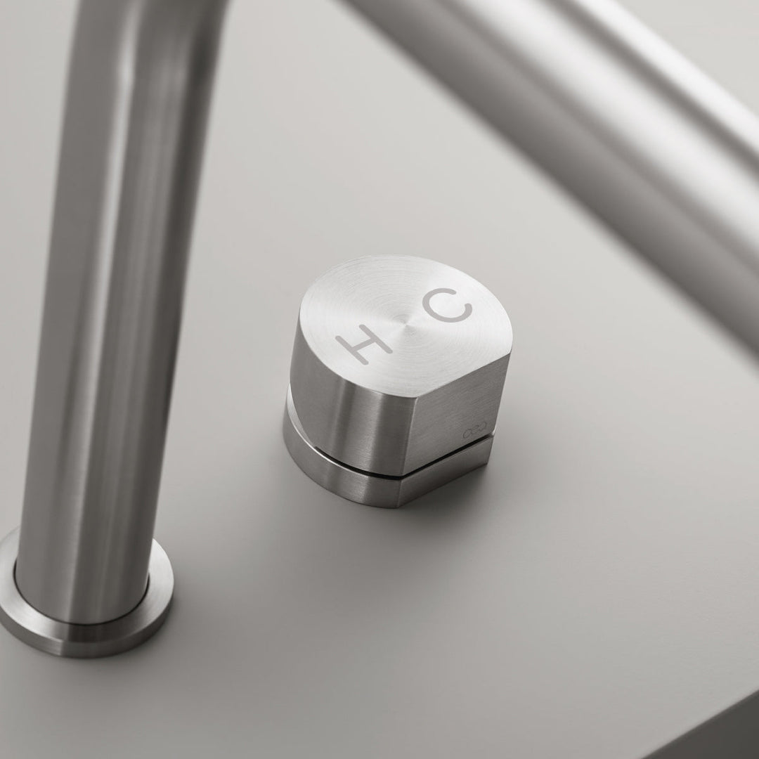 Two Hole Mixers With Pull Out Hand Shower Two-hole mixer with swivelling spout and pull-out Delrin® hand shower. Removable spout for under-window installation