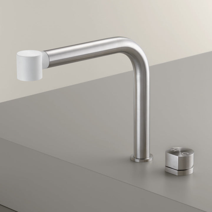 Two Hole Mixers With Pull Out Hand Shower Two-hole mixer with swivelling spout and pull-out Delrin® hand shower. Removable spout for under-window installation